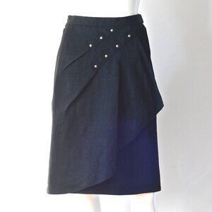 Hanae Mori Black Denim Skirt With Studs & Front Panel - Japan